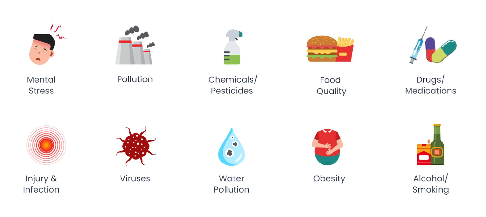 Icons of the causes of oxidative stress from the left to right: mental stress, pollution chemicals/pesticides, food quality, drugs/medications, injury and infection, viruses, water pollution, obesity, alcohol, and smoking.